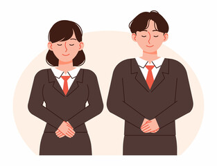 A man and a woman bow their heads to greet each other. Men and women in neat suits. Business figures vector illustration.