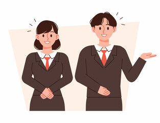 A man and a woman make a guiding gesture. Men and women in neat suits. Business figures vector illustration.