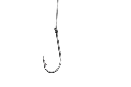 Shiny fishing hook hanging on the fishing line. Isolated 3d