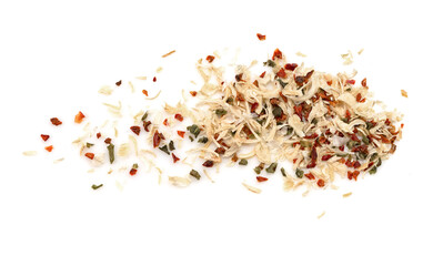 A mixture of different spices and herbs isolated on white background. Spice mix of garlic, onion, parsley, oregano, red paprika.
