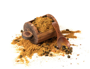 A mixture of spices for cooking pilaf from cumin, barberry, coriander, turmeric and pepper. Pile of...