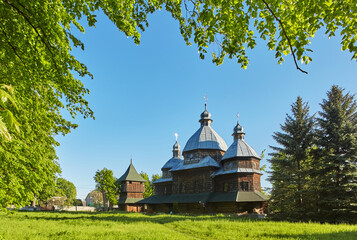 Old wooden church near Krekhiv with ethnic atmosphere in Lviv region. Ukraine