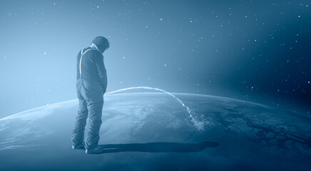 Global Warming Concept - A man is standing on the Planet Earth surface peeing towards the outher...