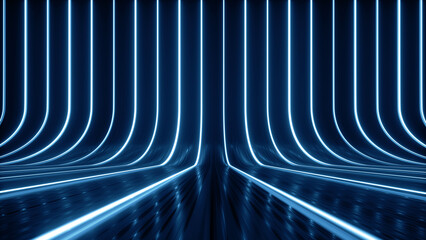 3d render, abstract background with blue neon lines glowing in the dark, empty virtual space with floor reflections © NeoLeo