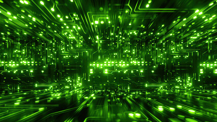 Fototapety  3d render, abstract background with microchip glowing with green neon fluorescent light. Virtual reality matrix, cyber network, digital high tech wallpaper