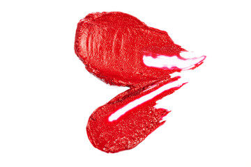 Red semi matte or sheer lipstick or lip gloss smear. Beauty or makeup product swatch isolated on white.