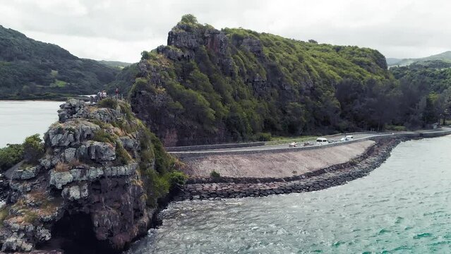 Maconde view point. Monument to captain Matthew Flinders in Mauritius, aerial view from drone