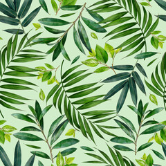 Aquarell Musterdesign von tropischen Grünpflanzen. Vintage-Grün. Botanischer handgezeichneter Hintergrund. Palmenblätter. Exotisch. Textur für Stoff, Packpapier, Textilien