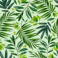 Peel and stick wall murals Tropical Leaves Watercolor seamless pattern of tropical green plants. Vintage green. Botanical hand drawn background. Palm leaves. Exotic. Texture for fabric, wrapping paper, textile