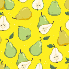 Seamless fruit pattern with pears and leaves on a yellow background. The background of the vector illustration.