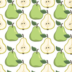 Seamless fruit pattern with pears with leaves on a white background. The background of the vector illustration.