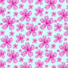 Vector seamless pattern with hand drawn twigs and sakura flowers on a blue background. Cherry blossoms. wedding pattern, floral pattern for printing on fabric, clothing, wrapping paper.