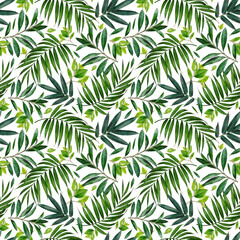 Watercolor seamless pattern of tropical green plants. Vintage green. Botanical hand drawn background. Palm leaves. Exotic. Texture for fabric, wrapping paper, textile