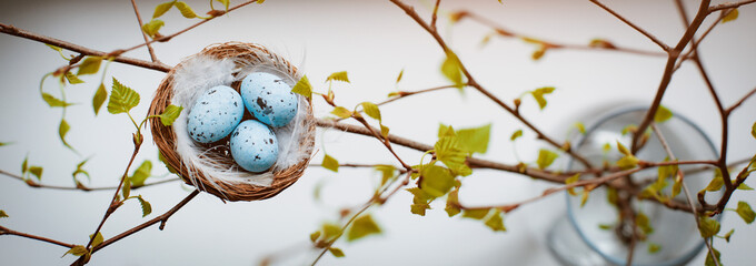bird's nest with Easter eggs for Easter on a spring branch with blooming leaves in a vase at home...