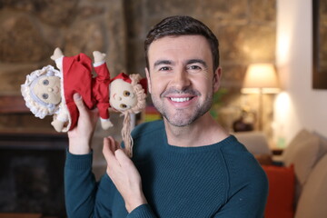 Man showing double ended little red riding hood doll