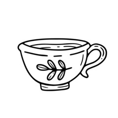 A cup of tea with a twig pattern in a simple linear doodle style. Vector isolated illustration.