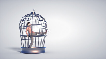 Man inside a bird cage breaks the bars.