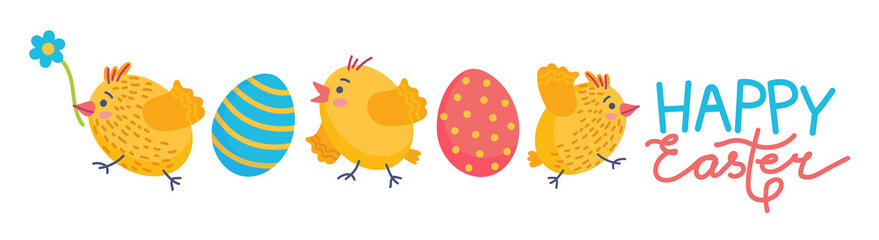 Happy Easter. Easter eggs and chicks