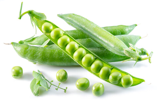 Perfect green peas in pod isolated on white background.