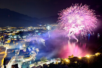 Riva del Garda: fireworks on the lake. Trento province, Trentino Alto-Adige, Italy, Europe.