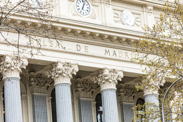 Detail of the facade of the Madrid Stock Exchange, Spain. Stock market, trade, investment, broker and tourism concept.