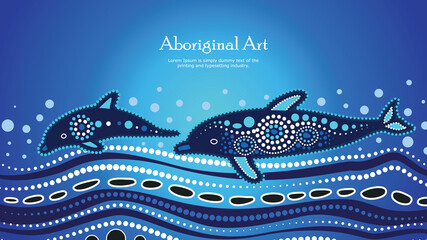 Banner design with dolphin aboriginal dot artwork - obrazy, fototapety, plakaty