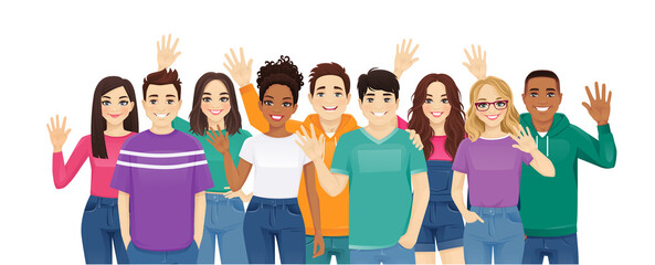 Multiethnic young diversity people wave hands. Asian, african and caucasian students standing together isolated vector illustration