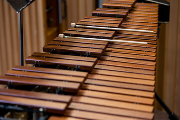 Close up of xylophone instrument with two mallets in a philharmonic