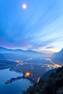 Evening falls on  the Toblino Lake and the Laghi Valley. Madruzzo, Trentino, Italy.