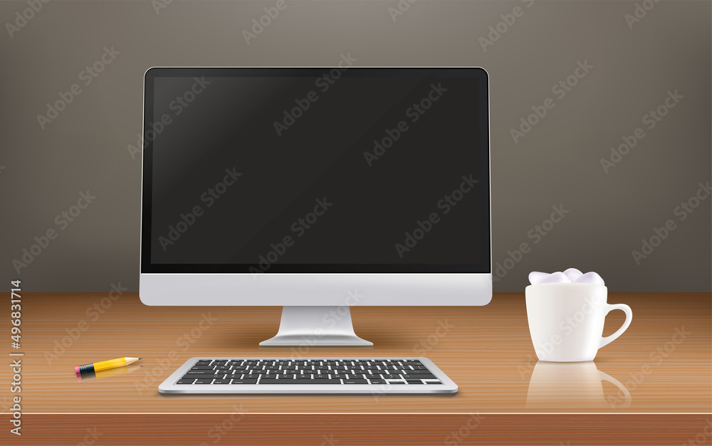 Poster modern computer with black screen on a wood mirror table. 3d vector mockup
