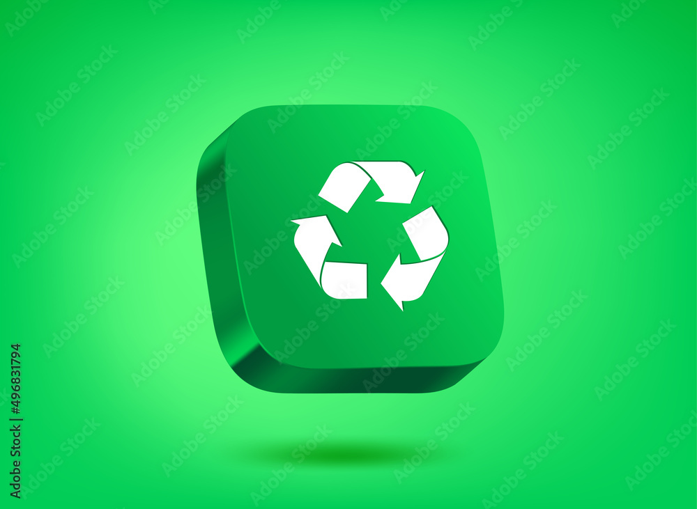Poster green button with recycle pictogram on green background. 3d vector illustration