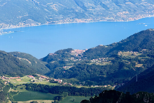 Lake Garda and the villages of Tremosine and Tignale. Lombardy, Italy.