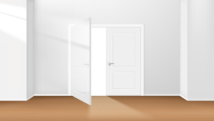Bright interior with opened door and sunlight effect. Vector 3d illustration