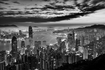Victoria harbor of Hong Kong city at dawn