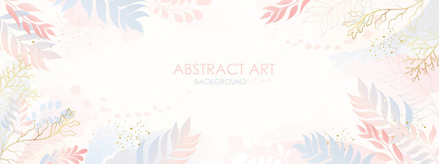 Vector poster with golden plants and flowers  on a watercolor background. Abstract background.	