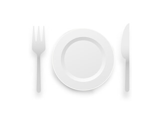 White plate, fork and knife isolated on white background. 3d vector illustration.