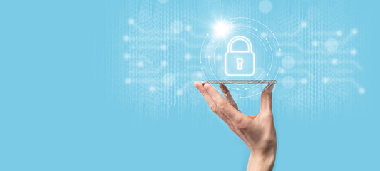 Cyber security network. Padlock icon and internet technology networking. Businessman protecting data personal information on tablet and virtual interface. Data protection privacy concept. GDPR. EU