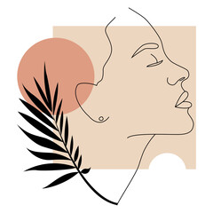 A woman's face. One line drawing the face and hair. Abstract female portrait. The modern art of minimalism.