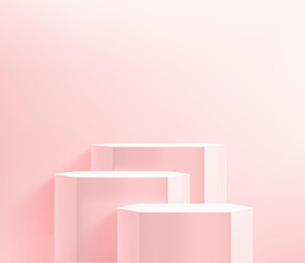 Three hexagon podiums on pink interior. 3d vector showcase
