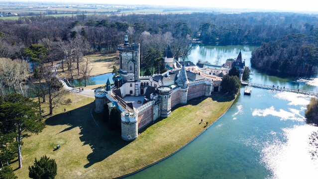 Aerial view of the Laxenburg Castle on the shore in Austria