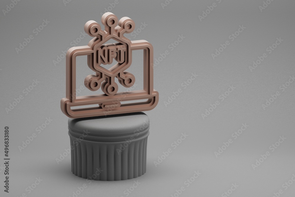 Aufkleber Beautiful abstract illustration NFT laptop symbol icons on a column stand and wonderful background. 3d rendering illustration. Background pattern for design.