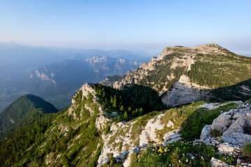 The battlefield of Mount Ortigara: on the left the Austro-Hungarian "Peak 2003", on the right the Italian stronghold of Cima della Caldiera. Asiago plateau, Vicenza province, Veneto, Italy, Europe.