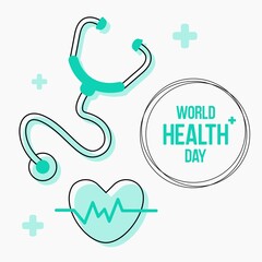 World Health Day greeting card concept with outline stethoscope and heartbeat icons on a white background. Vector Illustration