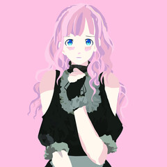 Beautiful girl dressed in a black and white dress on a pink background