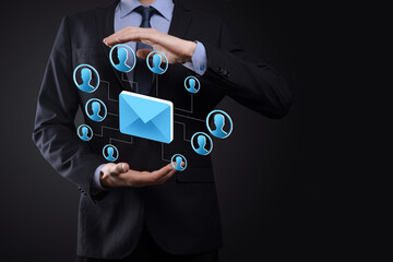 Email and user icon,sign,symbol marketing or newsletter concept, diagram.Sending email.Bulk mail.Email and sms marketing concept. Scheme of direct sales in business. List of clients for mailing.