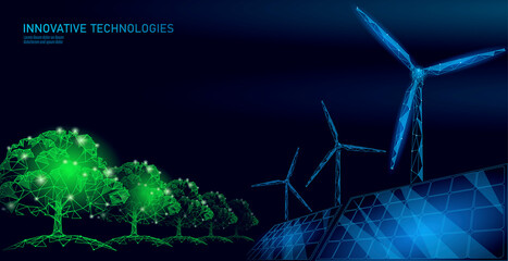 3D windmills ecology forest concept. Save environment wind green tree energy sustainable power. Eco global planet solution. Triangle vector illustration art