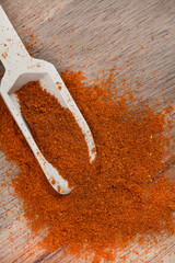 Cayenne pepper powder with wooden scoop and copy space