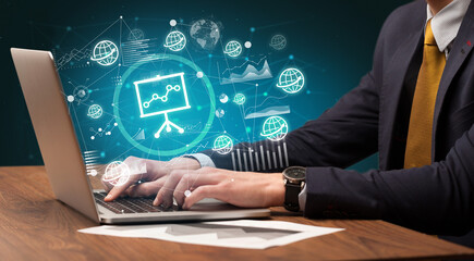 Business hand working on laptop, successful business concept