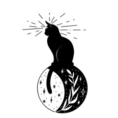 Cat celestial black line with space. Black mystic cat tattoo with universe. Hand drawn art. Vintage flight icon. Black animal sketch logo. Galaxy space surreal symbol. Vector cat.