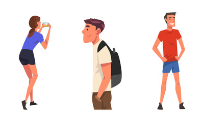 Casual dressed people set. Girl taking photo with smartphone, boy standing with backpack cartoon vector illustration